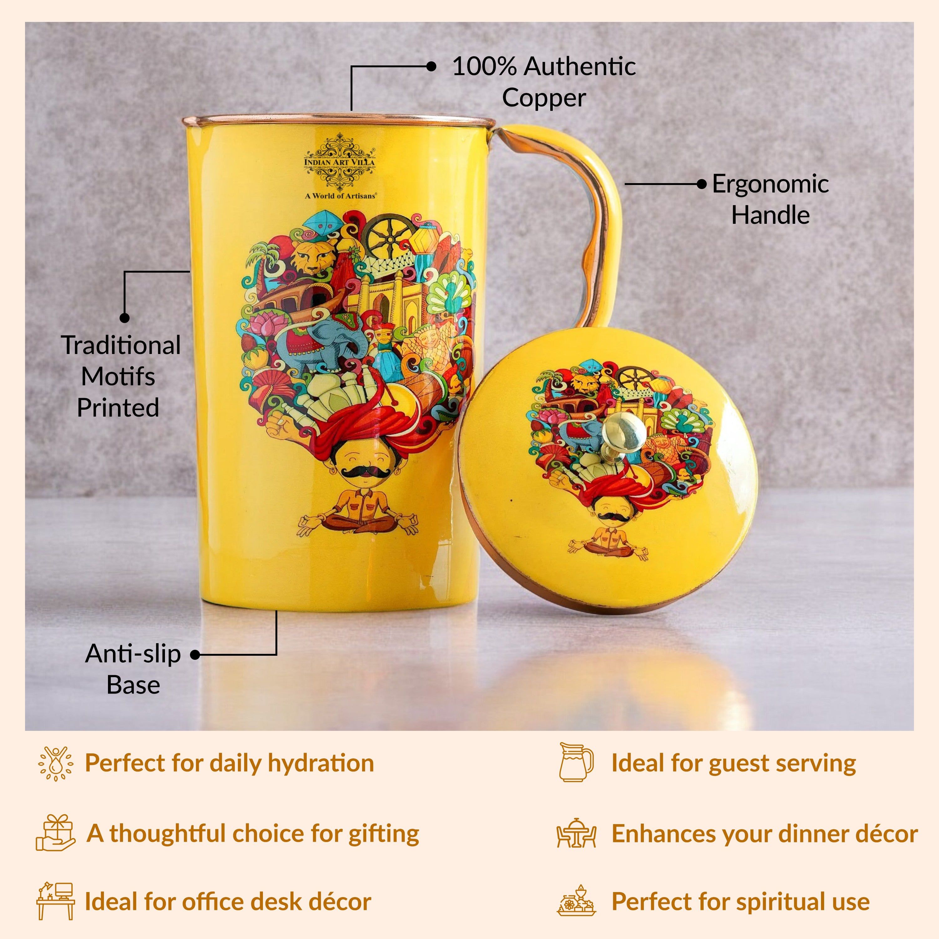 Pure copper printed jug padharo mhare desh design rajasthan pagdi art, 2000 ML